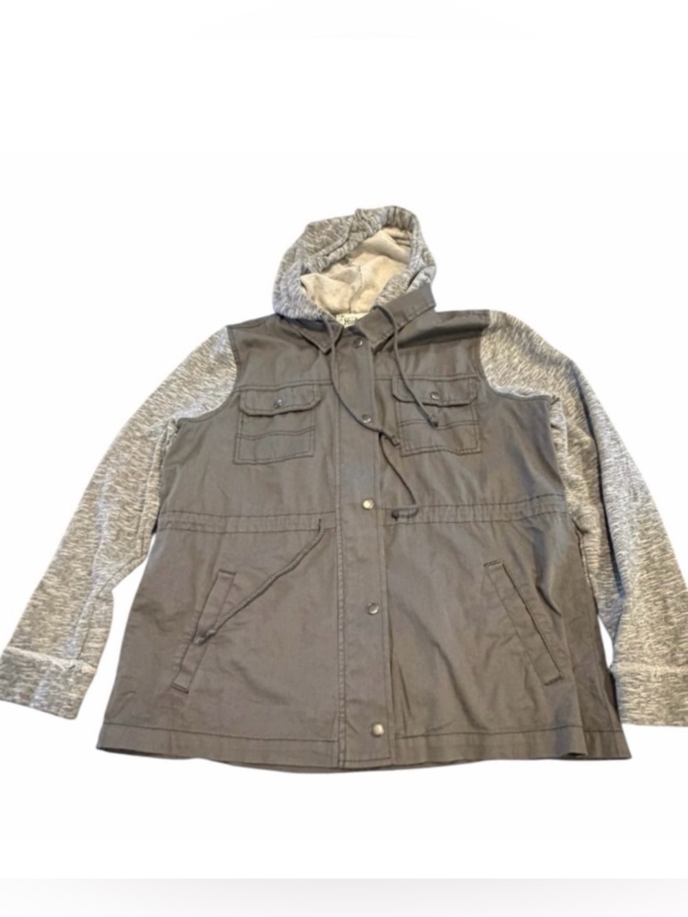 Mudd Utility Jacket Hooded Mixed Media Gray Snap Zip Front Coat Womens Size XL
